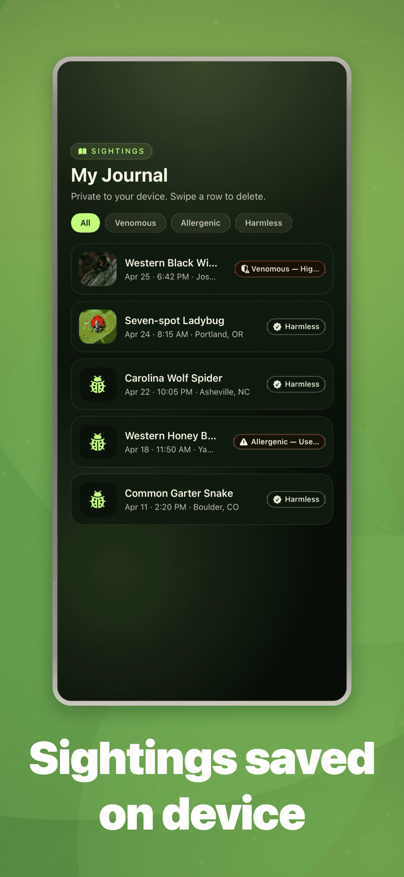 Sighting journal stays on-device