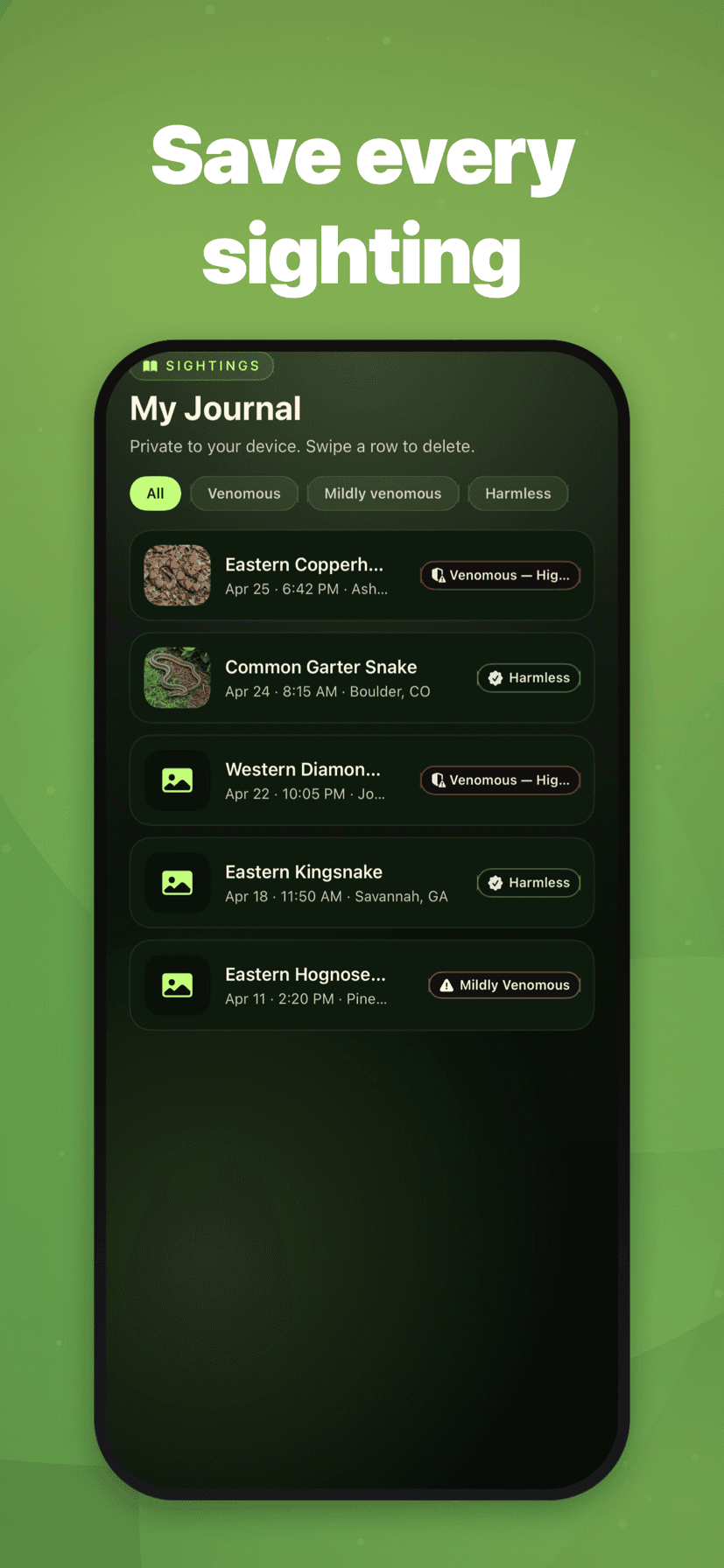 Sighting journal stays on-device
